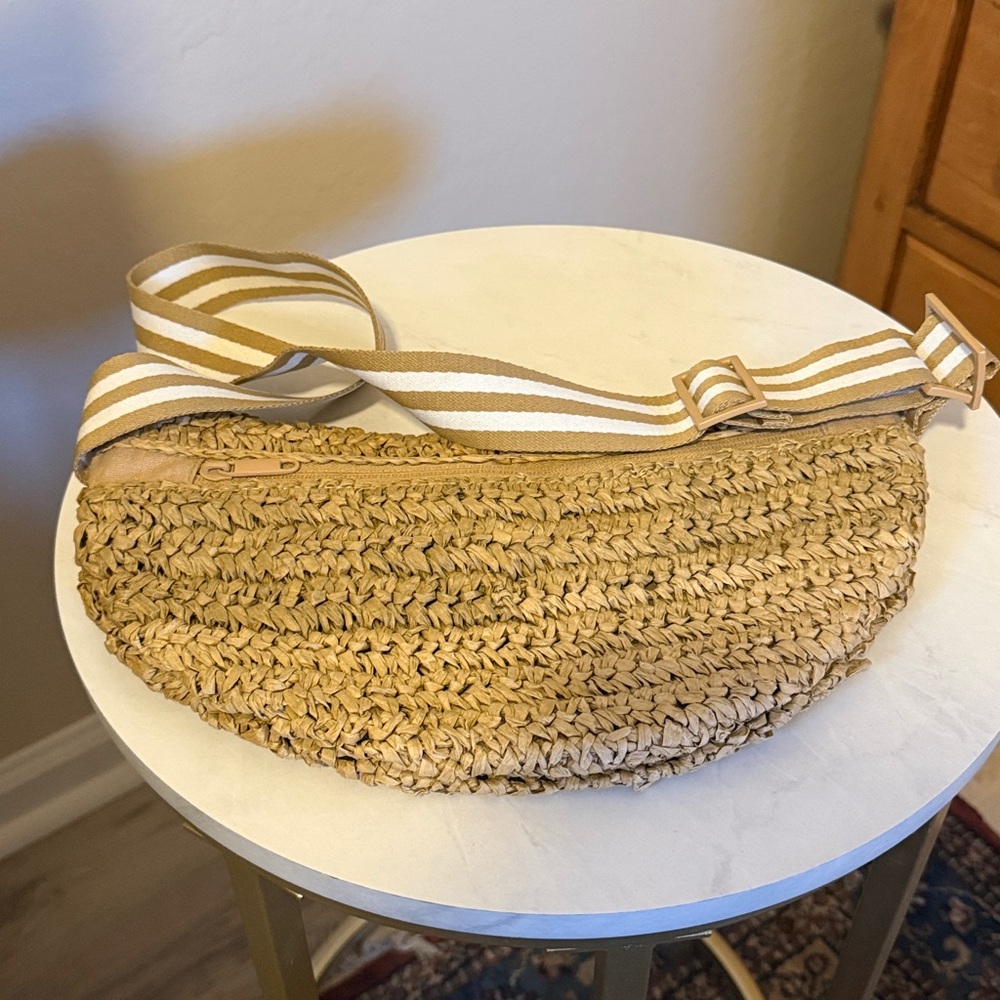 Woven Straw Crossbody Bag with Striped Strap - Tan - Picture 2 of 3